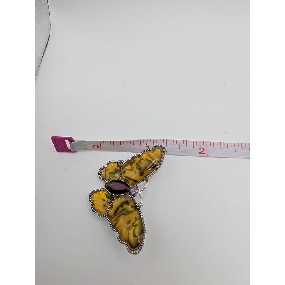 Butterfly Brooch Gold Tone Iridescent Enamel Purple Cabochon Rhinestone Accent